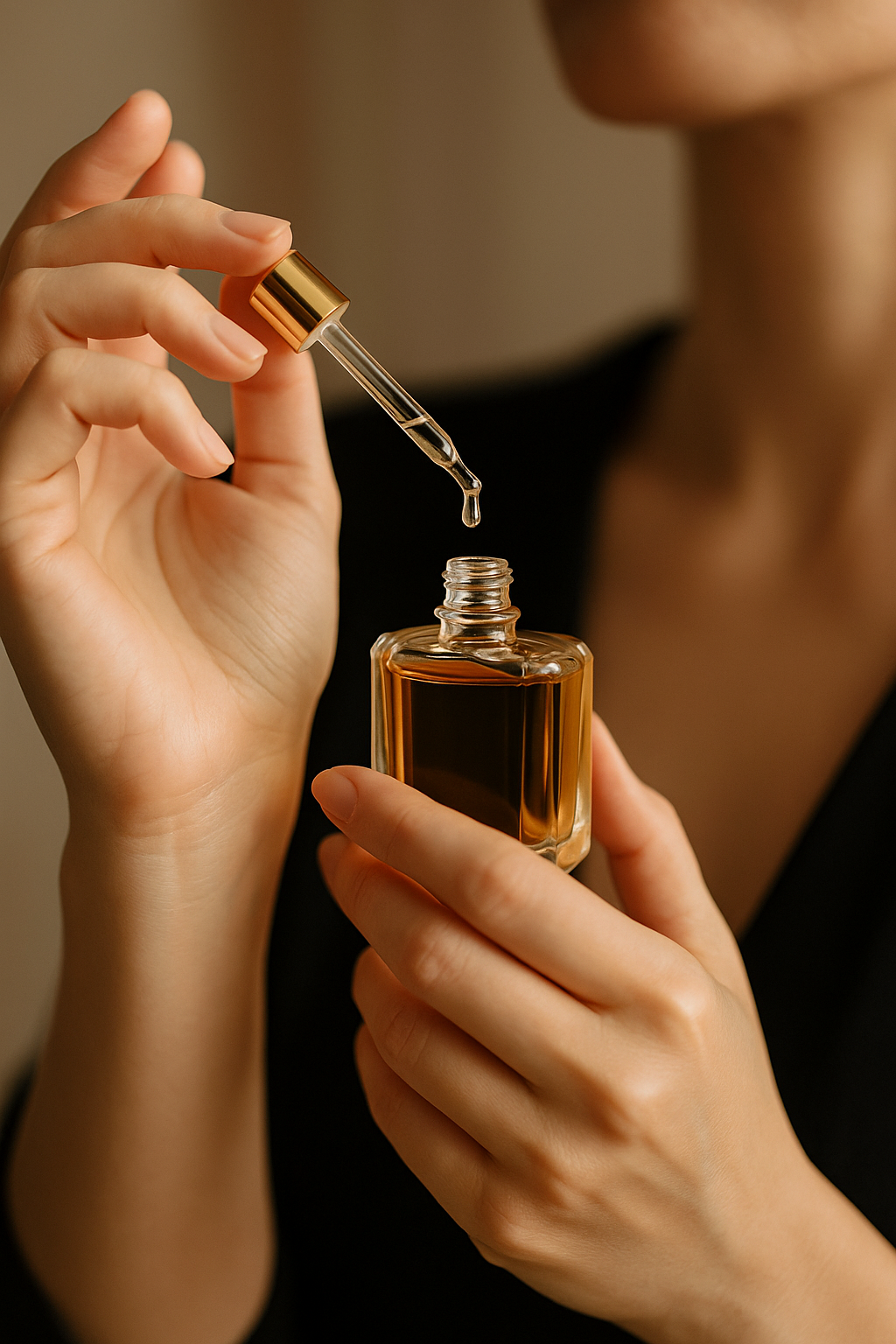 Application d’un extrait de parfum concentré à la pipette, tenu par une femme.